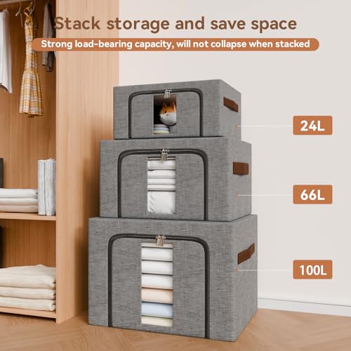 NiuBeBe Aufbewahrungsbox kleidung Faltbar Metallrahmen: Stapelbare Aufbewahrungstasche mit Deckel für Kleiderschrank Organizer Storage Pullover Saisonkleidung Bettwäsche (Grau 3x66L)