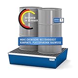 DENIOS® Auffangwanne aus Stahl  mit Gitterrost  blau  BxHxT 635 x 178 x 785 mm  Volumen 65 Liter  2 Fässer  Arbeitssicherheit Notfall-Umweltschutz-Produkte säurefest