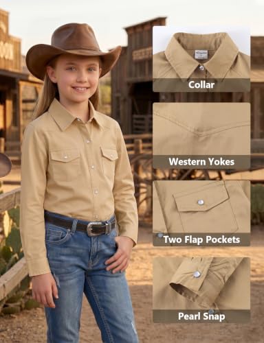 Image of Noomelfish Girls Long Sleeve Western Pearl Snap Button Down Shirt Cowgirl Outfits Blouse Tops (5-14 Years)