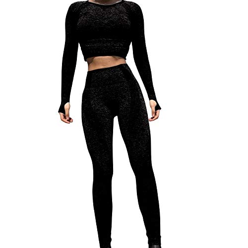 Active Yoga Seamless High Waist Two Piece Legging Fitness Set (Small, Black)