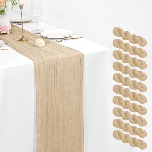 10 Stück Beige Käsetuch Tischläufer 55 x 300 cm rustikaler Gaze Stoff Tischläufer Romantisch Hochzeits Seihtuch Tischläufer für Hochzeiten Festivals Jubiläum Abendessen Outdoor-Partys