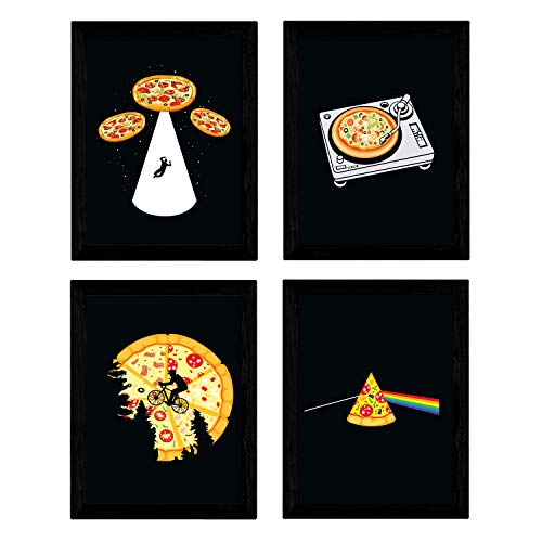 Nacnic Set de cuatro láminas Pizza (Pink Floid, ET, DJ y Aliens) para Set Pizza LoversTamaño A3 Poster Fondo negro sin marco