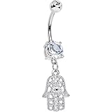 14ga Hamsa Dangling Belly Navel Ring with Large Prong-Set CZ - Silver or Gold (Steel)…