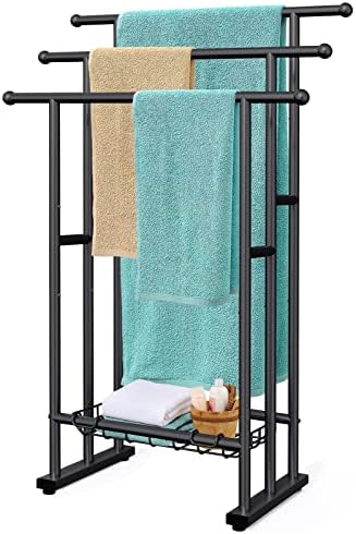 Kayfia 40 H Free Standing Towel Rack. 3 Tier Alloy Steel Stand with Basket. Blanket Drying and D...