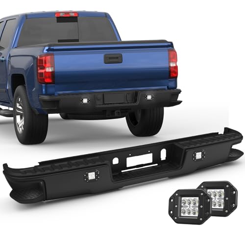 KUIPERAUTO Black Rear Steel Step Bumper Assembly Compatible with Compatible for 2014-2018 Chevrolet Chevy Silverado/GMC Sierra 1500 with LED Square Light + no Sensor Holes Back Bumper GM1103176