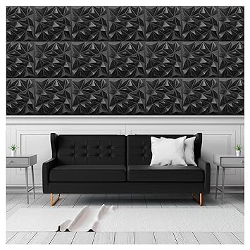 Image of 3D Wall Panels Black Colour I Diamond Stone Design I Embossed and Paintable I Panel Size 20 inch X 20 inch I Pack of 12 Panels I Wall Covering Area 33.06 Sq.Ft. (PVC)