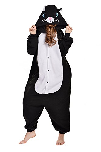 Girls’ Black Cat Jumpsuit Costumes - NEWCOSPLAY Black/White cat Costume Sleepsuit Adult