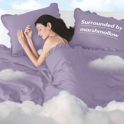 Image of HARBOREST Twin Comforter Set Lavender - Ruffle Comforter for Twin Size Bed, Fluffy Twin Size Comforter Set for All Seasons, 2 Pieces Shabby Chic Bedding Comforter Sets(1 Comforter & 1 Pillow Sham)