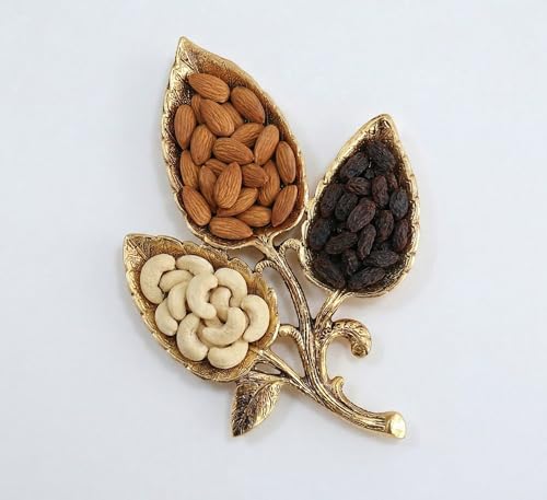 Image of Kridaykraft Metal Gold Polish Leaf-Shaped 3-Section Dry Fruit Tray, 17x17 cm, 250 gm, Decorative Serving Platter
