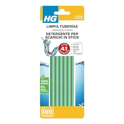 HG Limpia Tuberias en Sticks, Potente Desatascador de Tuberías Profesional, Cañerías y Desagües, Producto Ecológico con Ingredientes Naturales, Elimina Malos Olores - 6 Palillos