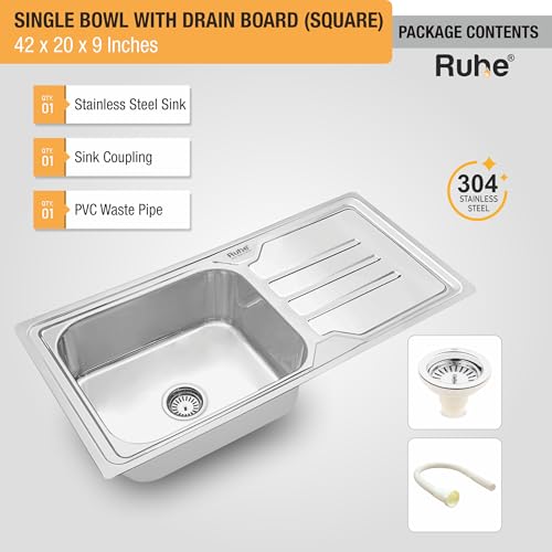 Image of Ruhe? Square Single Bowl 45 x 20 x 9 inch Drainboard Kitchen Sink | 304-Grade Stainless Steel Square Single Bowl with Drainboard Kitchen Sink | Glossy Finish | Included Sink Coupling and Waste Pipe