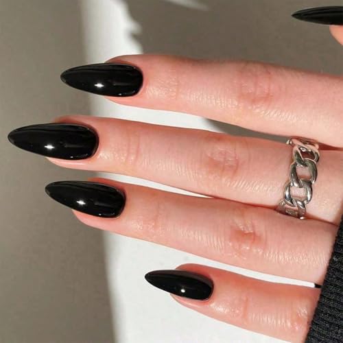 Xanthelle Press on Nails, negras puras de tamaño medio forma almendra, uñas postizas adhesivas, uñas artificiales para mujeres, ideal para Halloween