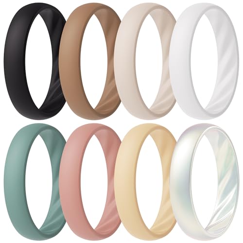 ThunderFit Silicone Ring Wedding Bands for Women, Elegant Wavy Grooves, 4mm Wide, 1.6mm Thick, Breathable, Women's Rubber Engagement Rings, 8-Pack (Pack A, B, C)