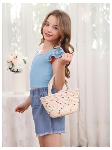 OYOANGLE Girl's Casual Solid Ruffle Trim Cap Sleeve Square Neck Cute Crop Tank Tops T-Shirts3