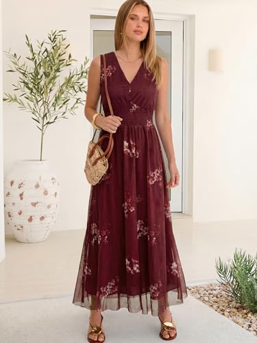 Image of ANRABESS Women's Floral Tulle Wedding Guest Maxi Dress | V Neck Sleeveless,A-Line Elastic Waist,Casual Flowy Formal Boho,Bridal Shower Garden Party Beach Vacation,Summer Fall