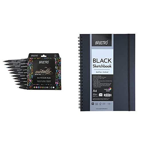 Image of BRUSTRO Metallic Brush Pens - Set of 10 Colors. & Brustro Black Sketchbook, Wiro Bound, Size A4, 200GSM (40 Sheets) 80 Pages