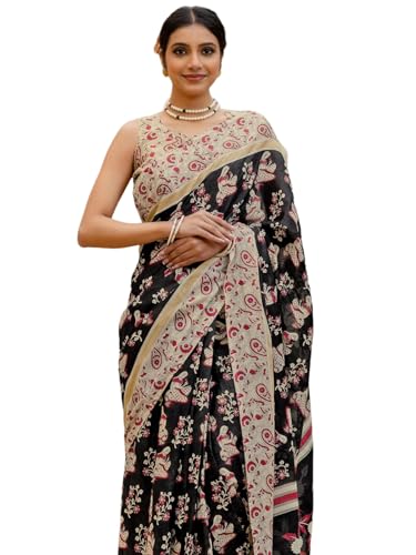 Image of SIRIL Women's Printed Ready to Wear Mul Cotton Saree With Unstitched Blouse Piece