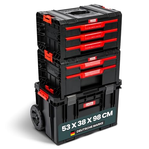 XL Werkzeugtrolley, rollbarer Werkstattkoffer, Werkstattwagen Set ausQ-Brick Serie mit viel Zubehör! B x T x H in cm: 53 x 38 x 98 cm ! Der mobile Alleskönner - Privat & Gewerbe (SET 6)