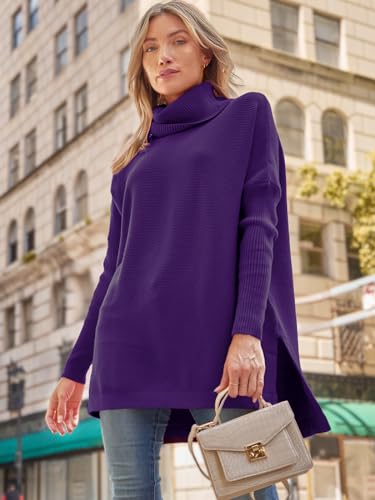 Image of LILLUSORY Women's Turtleneck Oversized Sweaters Long Batwing Sleeve Spilt Hem Tunic Pullover Knit Tops
