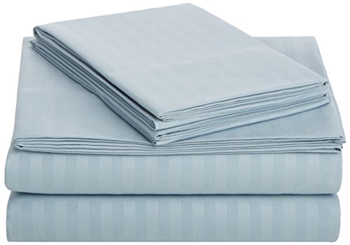Image of Amazon Basics Soft, Breathable, Wrinkle-Free Brushed Microfiber 4-Piece Bed Sheet Set, Machine Washable, Queen Size, Spa Blue Striped