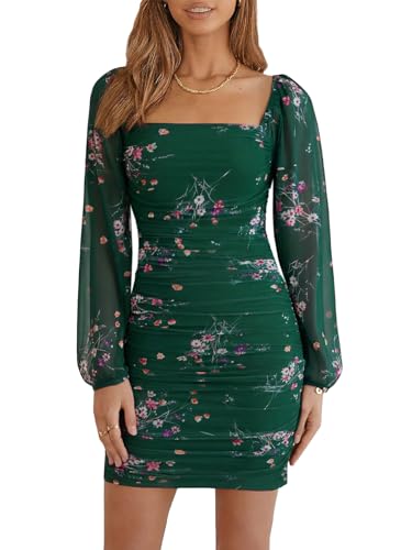 Image of Wenrine Women's Mesh Long Sleeve Square Neck Ruched Party Club Cocktail Bodycon Mini Dress
