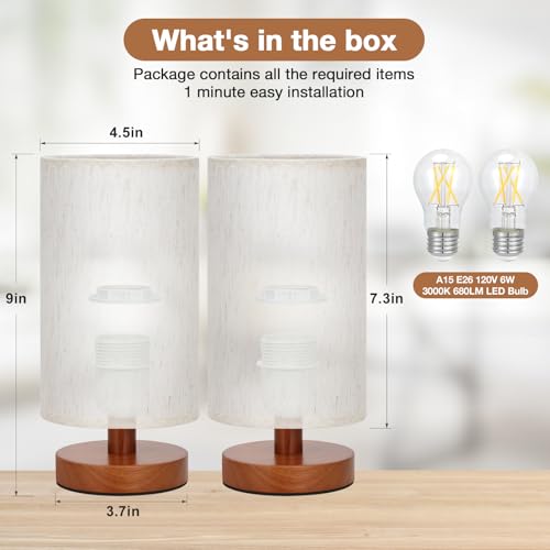 Image of Fenmzee Small Lamps Set of 2 - Inline Control, Bedside Table Lamp for Bedroom with 3000K A15 LED Blub, Easy Assembly (Cream Shade - Walnut Base Set of 2, 9 inch Inline Control)