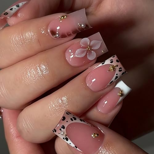 Image of Flower Press on Nails Leopard Print French Tip Fake Nails Medium Square False Nail with Pearl Design Nude Glossy Full Cover Stick on Nail for Women Manicure 24Pcs