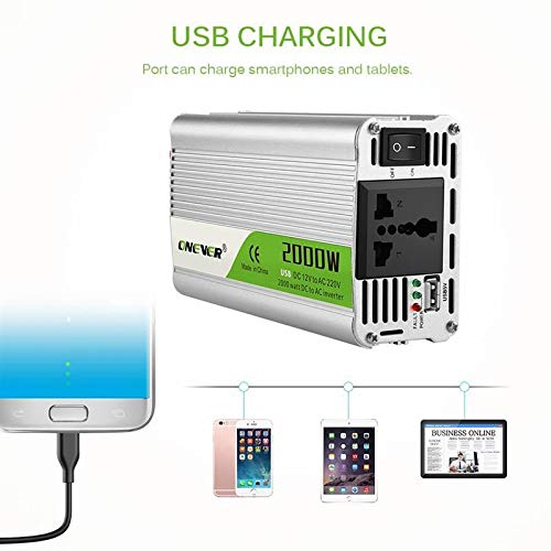 Inversor,Inversor Onda Pura USB de Carga 2000W vatios DC 12V a 220V AC portátil de energía de Coche Inversor Cargador Adaptador convertidor DC a AC 12 220 de Onda sinusoidal modificada(Black)