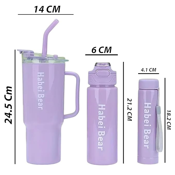Image of Large Handle Water Bottle with Straw for Desk, Office, Travel - 1200 /900 /300 ML Gradient & Matte Hydration Bottle Set (Light Purple)