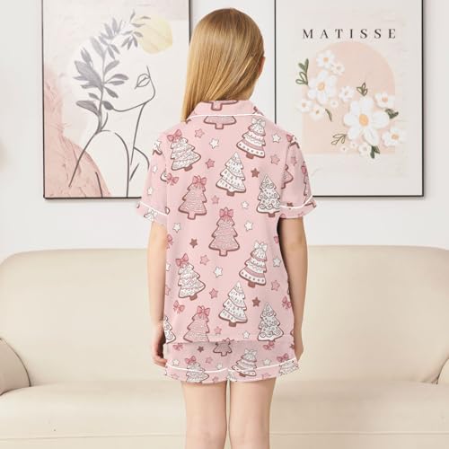 Satin Pajama Sets Short Sleeve Cute Christmas Trees with Pink Bows Button Down Silky Nightwear 2 Piece PJS 5-14Y4