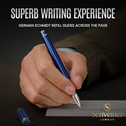 Image of Scriveiner Midnight Blue Rollerball Pen - Stunning Blue Lacquer Luxury Pen, Chrome Finish, Schmidt Ink Refills, Best Roller Ball Fathers Day Gift, Men & Women, Professional, Executive Office, Nice Pen