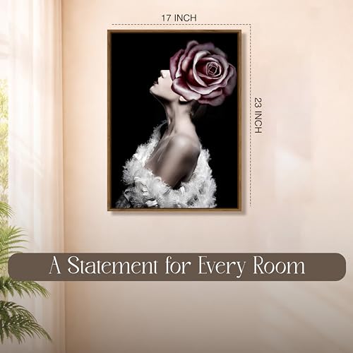 Image of Floral Woman Portrait Framed Canvas Painting For Living Room | Modern Rose Abstract Wall Art For Livingroom Wall Decor, Home Decor, Bedroom, Hallway's, Office, Hotel - 43x58 cm