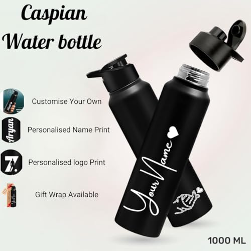 Image of Caspian Hike Customised Stainless Steel Water Bottle 1L, Combo Black with Logo Print - Personalised Water Bottle with Your Name Print for School Office Gym- Perfect for Corporate Gifting (Set of 2)