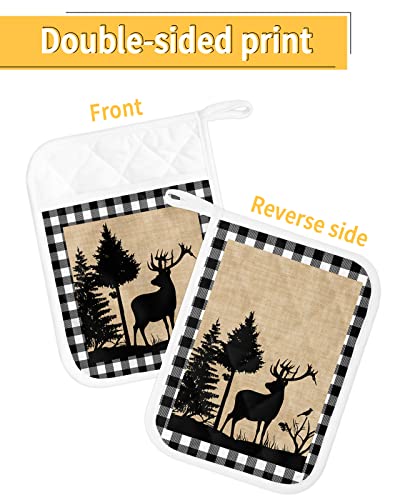 Christmas Forest Reindeer Pot Holders With Pocket For Kitchen, Heat-Resistant Potholders Set Of 2, Hot Pads Oven Mitts With Hanging Loops For Home Cooking Baking Microwave, Xmas Tree Plaid #TOP1