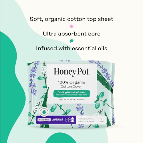 Image of The Honey Pot Company - Herbal Sanitary Pads for Women - Heavy Flow Overnight w /Wings - Infused w /Essential Oils for Cooling Effect & Organic Cotton Cover - Feminine Care - 16 ct