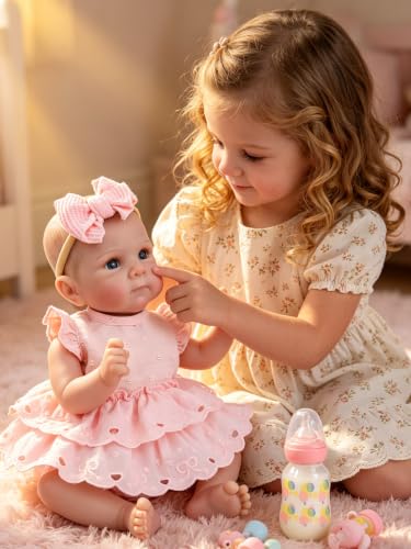 Image of EKOKIZ Lifelike Reborn Baby Doll 20 Inch, Realistic Newborn Girl with Pink Dress & Soft Silicone Vinyl, Handmade Collectible Doll for Kids Gift, Anxiety Relief, Dementia Therapy & Emotional Support