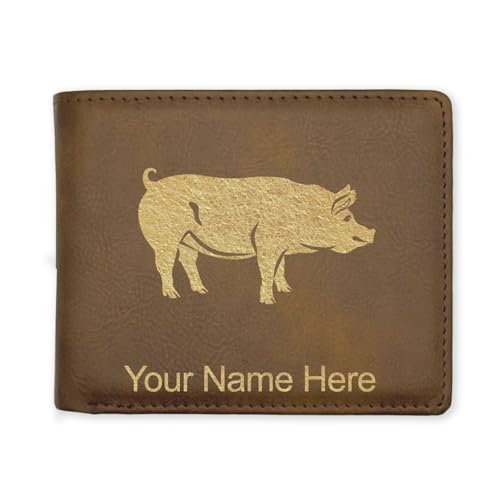 LaserGram Faux Leather Bi-Fold Wallet, Pig, Personalized Engraving Included (Rustic with Gold)