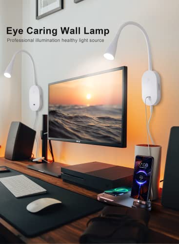 Image of deeloop LED Wall Mount Reading Light for Bed, Reading Lamp with USB Output 5 Brightness Levels Touch Control Book Lights, 4000K Bedside Lamp Flexible Head Rotation, 2 Easy Install Options