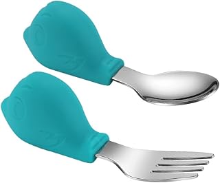 Toddmomy 1 Conjunto 2 Peças Garfo Colher Colher De Aço Inoxidável Colher De Silicone Utensílios De Alimentação Para Crianças Colheres E Garfos Utensílios Para Crianças Garfo Colher Para