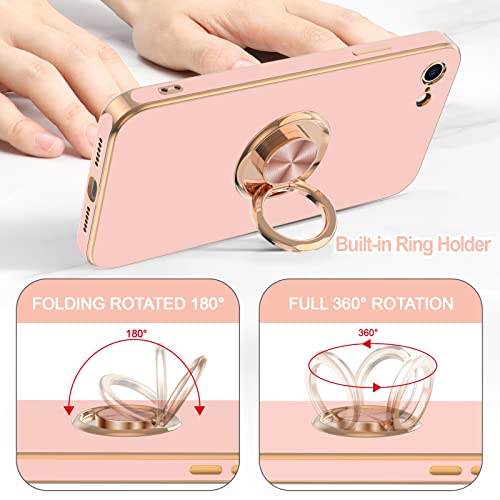Image of Hython Case for iPhone SE 2022, iPhone SE 2020, iPhone 7 Case, iPhone 8 Case with Ring Holder Stand Magnetic Kickstand, Plating Rose Gold Soft TPU Bumper Camera Protection Shockproof Phone Cases-Pink