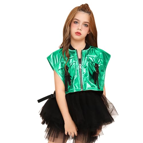 Image of Perfashion Girls Vest Cropped Cargo Metallic Jacket Buckle Zip Up With Pockets Streetwear Outfit 4-13Y