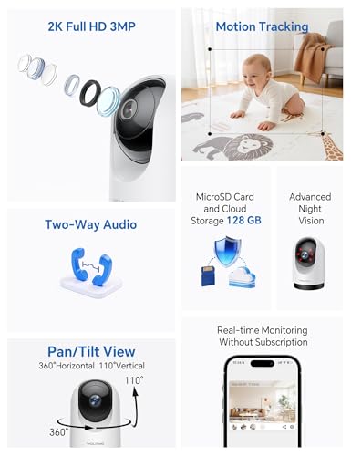 WOLFANG WS03 2K Security Camera Indoor, WiFi Camera 3MP, Pet Dog Camera Baby Monitor with Motion Sound Detection, 360° Rotation, Night Vision, 2-Way Audio, Cloud/SD, Works with Alexa/Google - Image 3