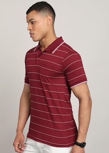 Image of INKKR Men Striped Polo Neck Cotton Blend T-Shirt