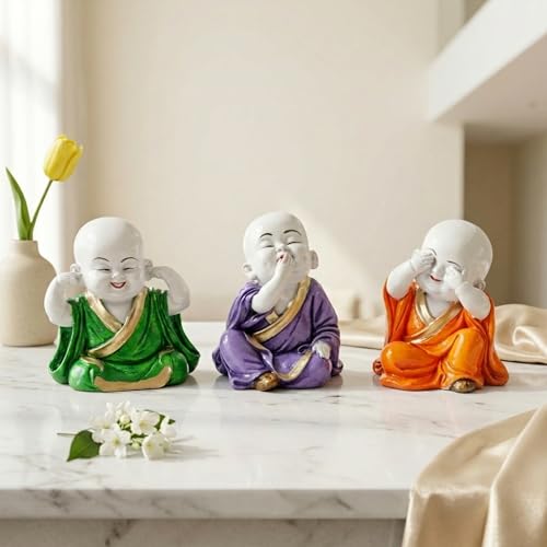 Image of eCraftIndia Resin Green, Purple & Orange Think No Evil Speak No Evil Hear No Evil Set of 3 Cute Little Monk Buddha Statues Decorative Showpieces for Car Dashboard Home Office Desk Decor Gift Purpose