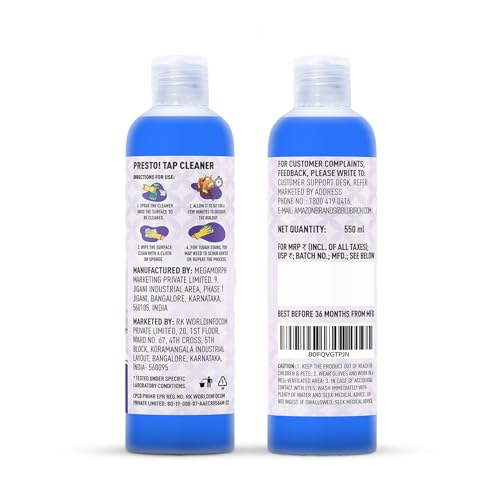 Image of Amazon Brand - Presto! Tap Cleaner | 1.1 L | 550 ml x Pack of 2 | Removes Hard Water Stain | Restores Sparkling Shine | Limescale & Grime Fighter | For Bathroom, Kitchen, Sink Fitting Taps