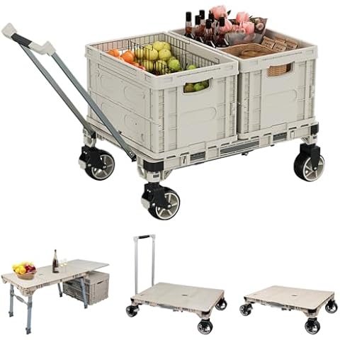 APOXCON 3 Pieces Camping Table Cart Set Multi-Purpose Used as Dolly Cart & Platform Truck 3-in-1 Folding Wagon Cart with 360° Swivel Wheels for Camping Travel Shopping Outdoor (1 Cart and 2 Crates) Cover