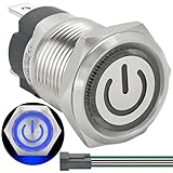 ZJWZJH (15Amp) 16mm 5/8'' Latching Push Button Switch Blue 110V-120V AC/DC Waterproof IP67 Power Button SPST with LED Angel Eye Head On Off with Wire Socket Plug