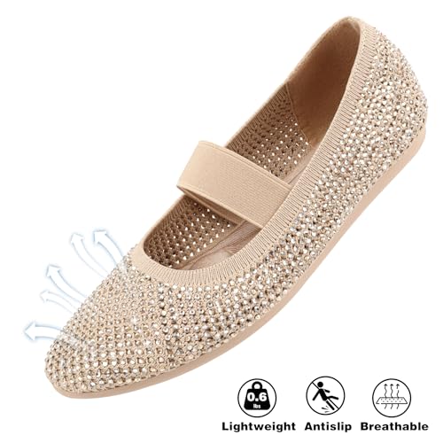 Ballet Flats Shoes for Women with Rhinestone Knit Flat Shoes Sparkly Embellished Memory Foam Elastic Strap Comfortable Wedding Dressy (Black/Nude)3
