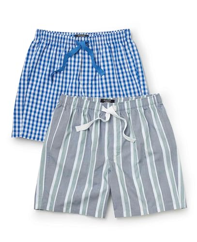 Image of THE SAVILE ROW COMPANY LONDON 2 Pack Men's Luxury 100% Cotton Pyjama Bottom Lounge Shorts - Blue Green Stripe/Blue Gingham Check - Extra Large