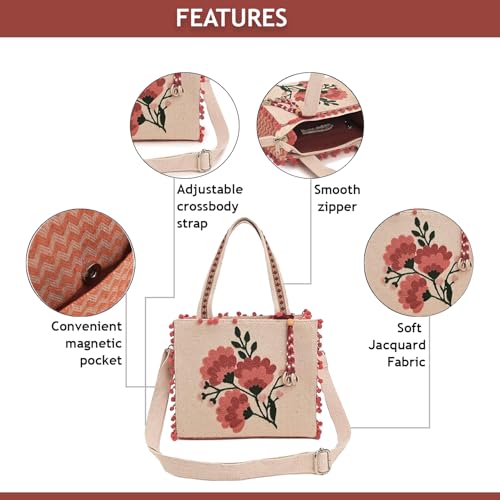 Image of Boho Girl Marigold Mini Tote Bag | Floral Embroidered Hand Bag with Pom-Poms & Tassel |Handbag, Shoulder Bag, Shoulder Women Bag with Inside Pocket | Jacquard Canvas Material